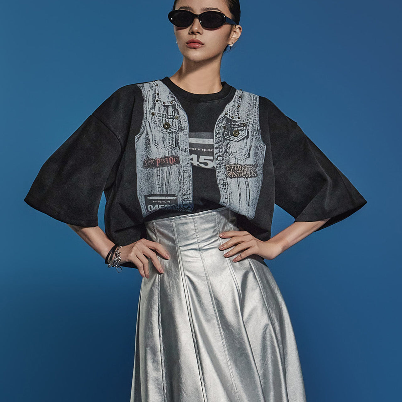 E3616 デニムプリントトップス