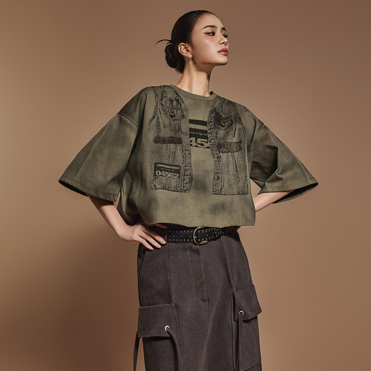 E3616 デニムプリントトップス