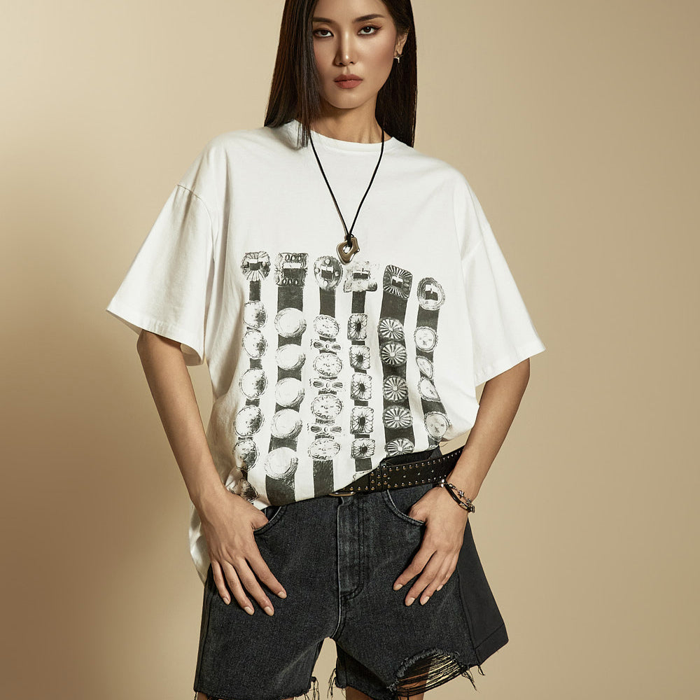 E3907 ベルト付きプリントトップス