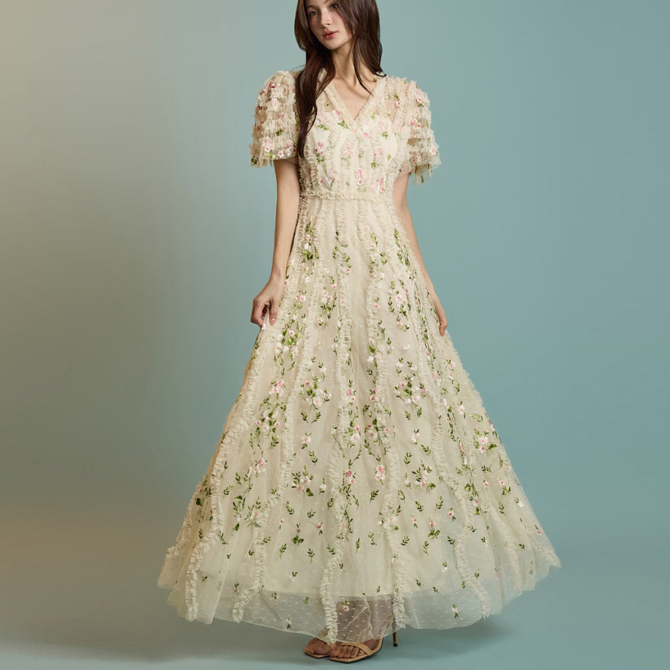 D4631 フラワーフリルチュールドレス