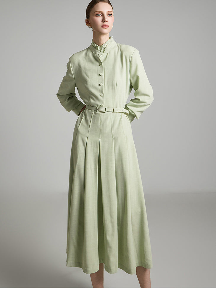D5209 ベルト付きプリーツドレス