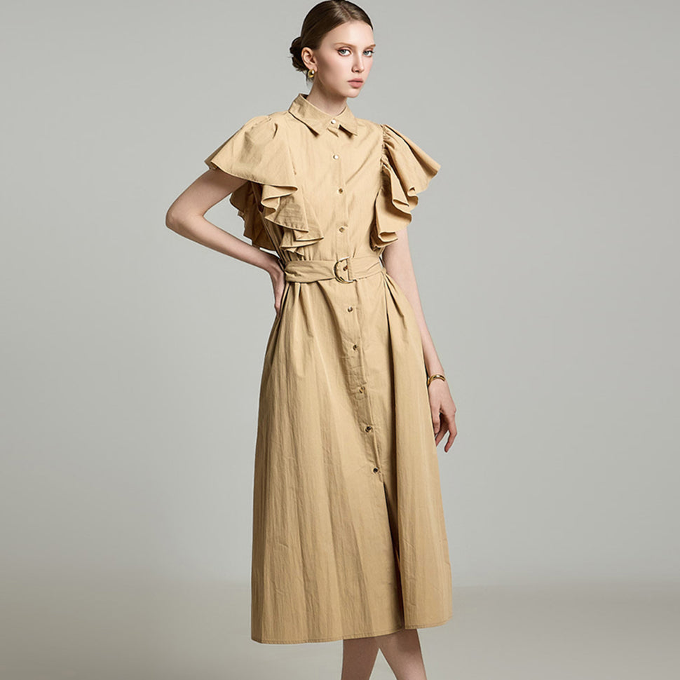 D5281 荷叶边袖连衣裙(配腰带)