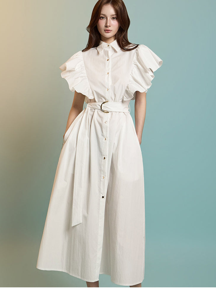 D5281 フリルスリーブ ベルト付きドレス