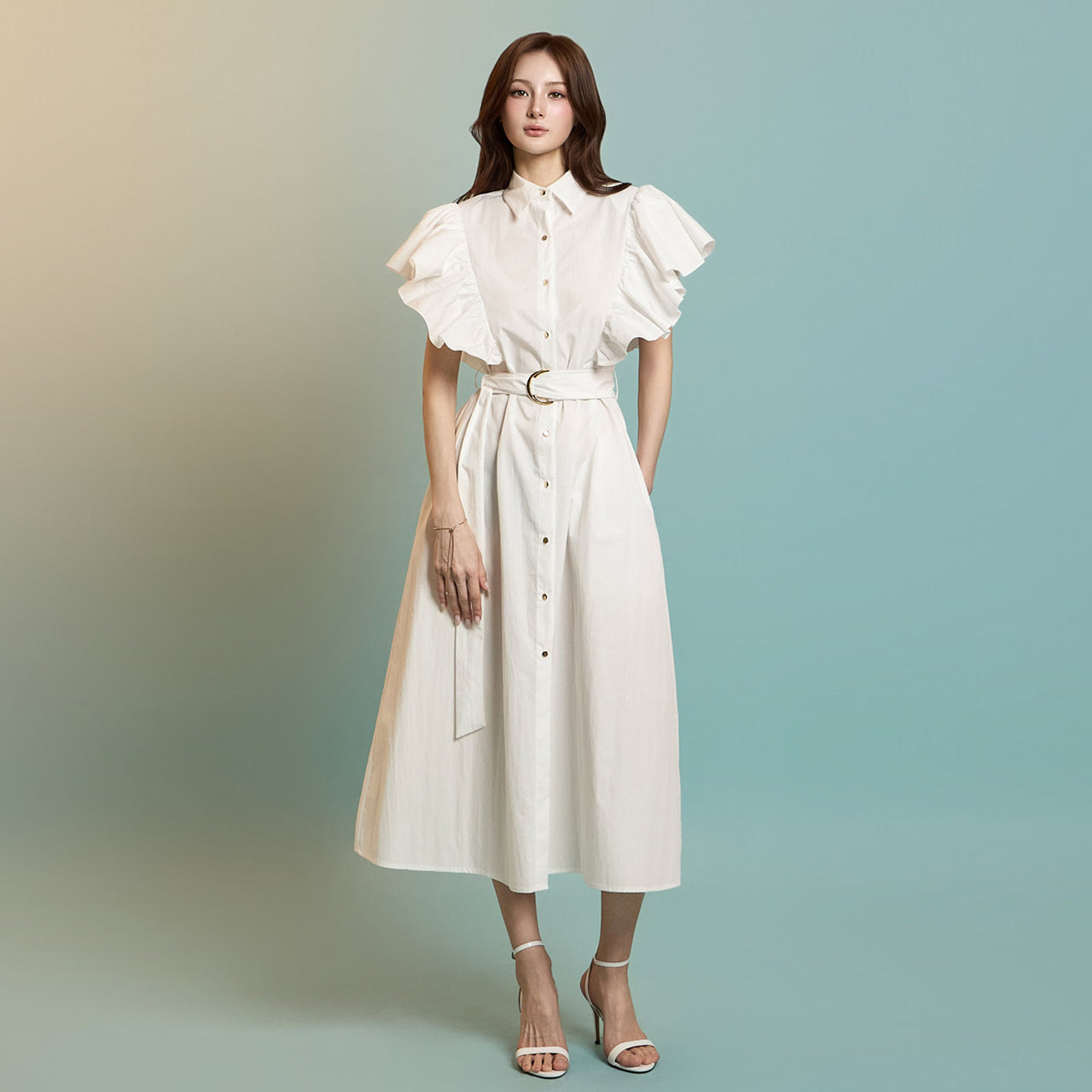 D5281 Frill Sleeve Dress with Belt