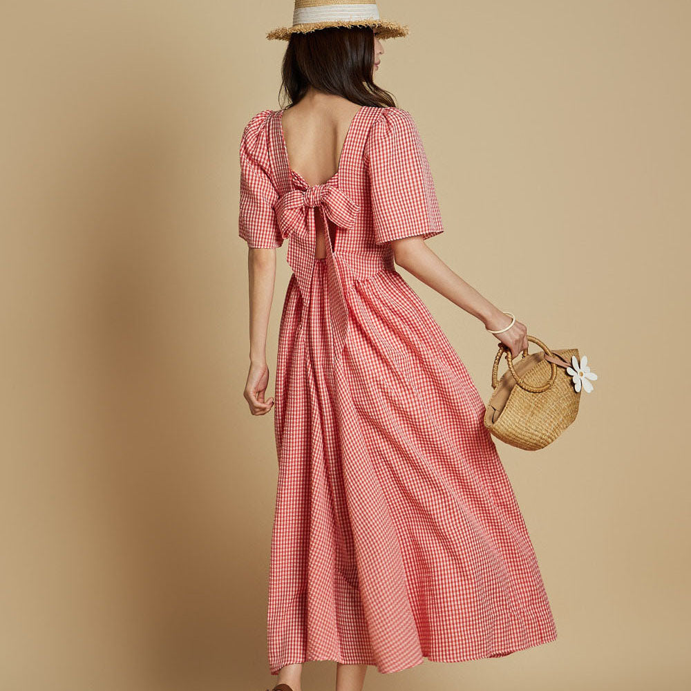 D5306 チェック柄シャーリングドレス