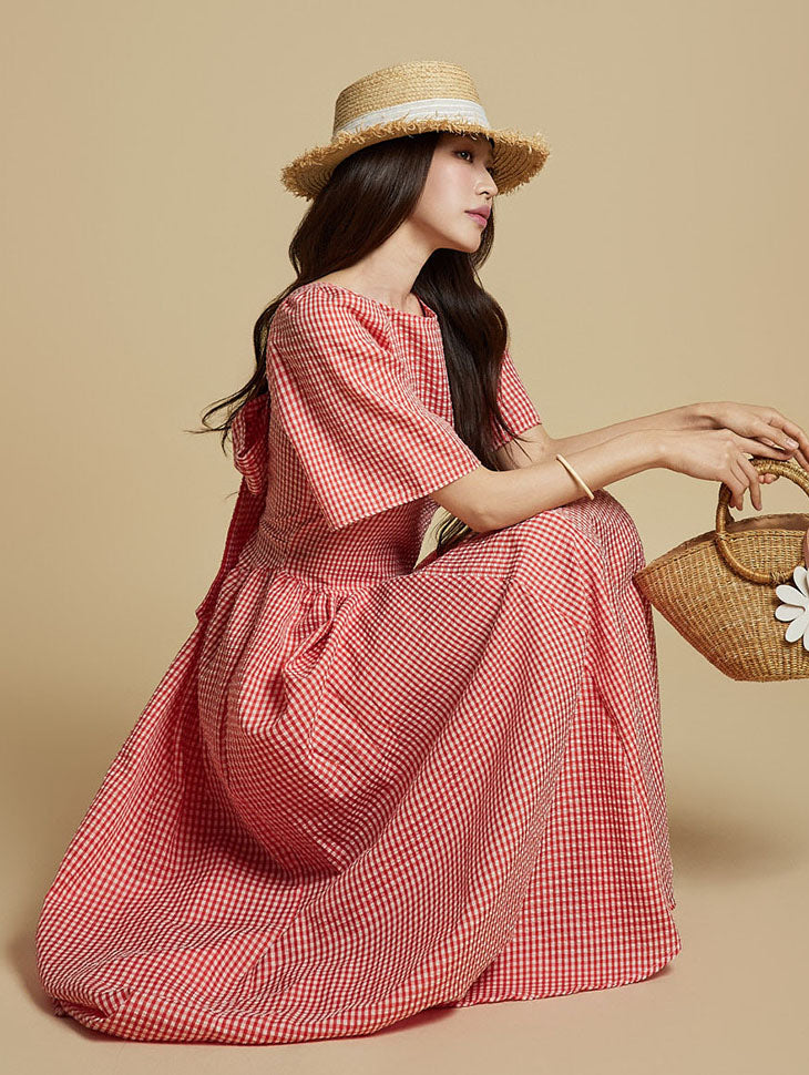 D5306 Plaid Shirring Dress