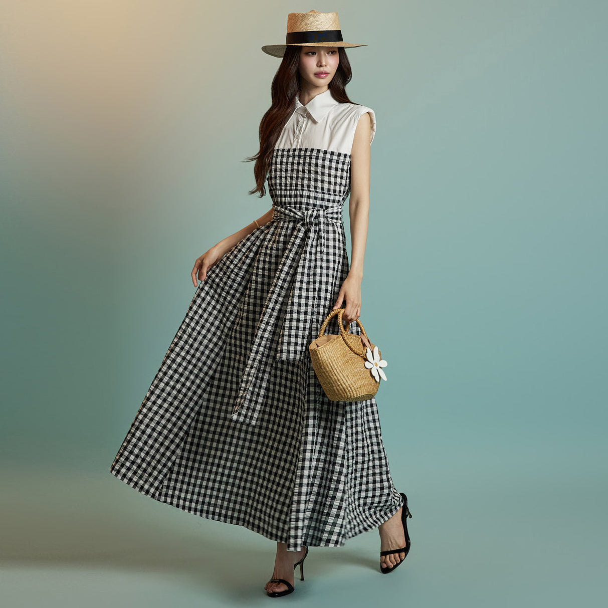 D5308 ストラップ付きチェック柄ドレス