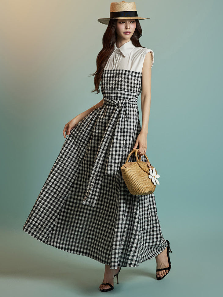 D5308 ストラップ付きチェック柄ドレス