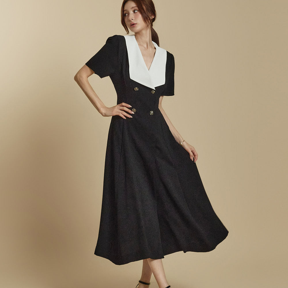 D5343 カラーブロック ドレス(襟付き)