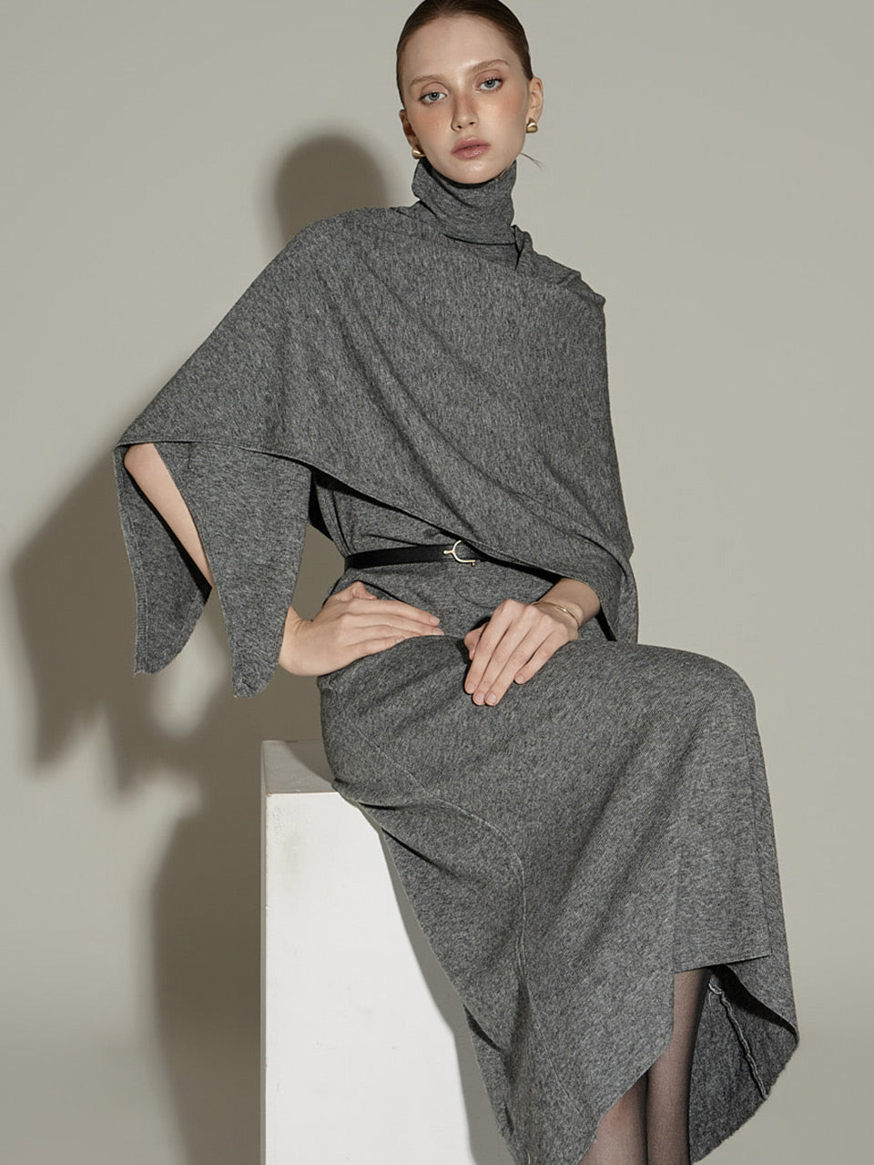 D5377 Turtleneck Dress with Shawl Set