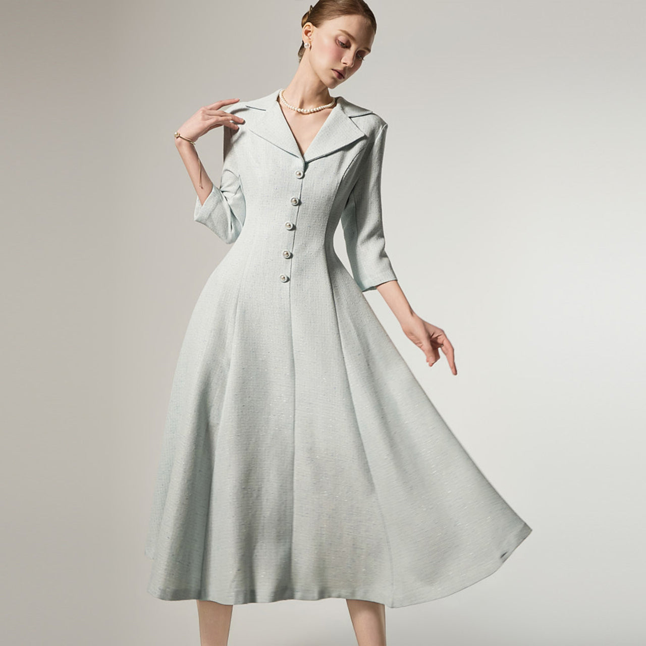 D5489 ツイードボタンワンピース