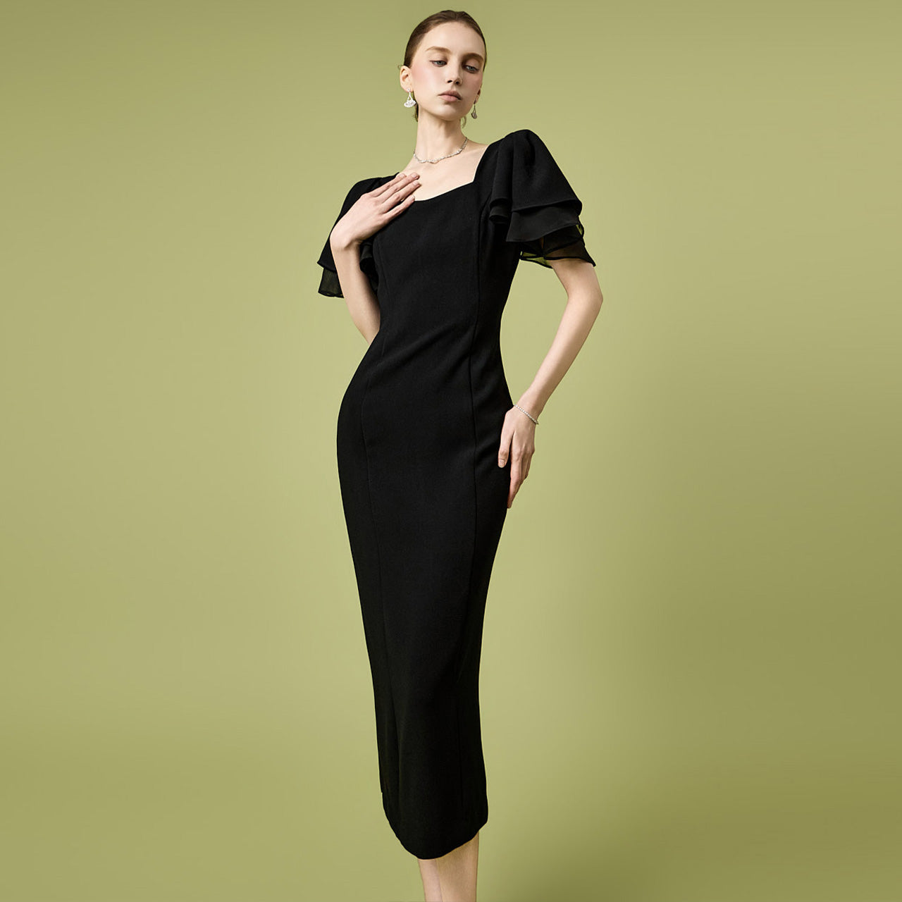 D5558 シフォンラッフルドレス