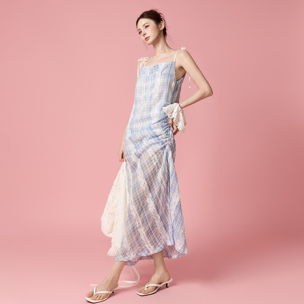 D5675 チェックレースドレス
