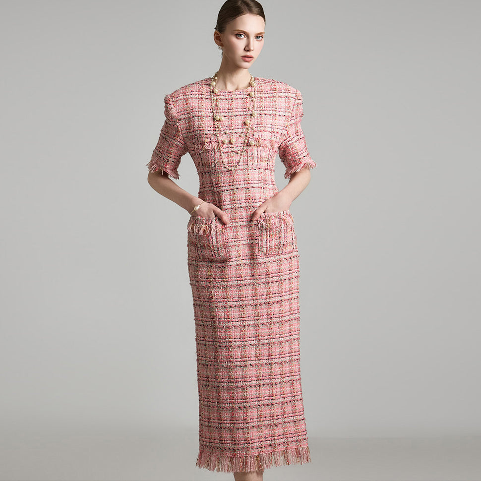 D9468 粗花呢短袖连衣裙