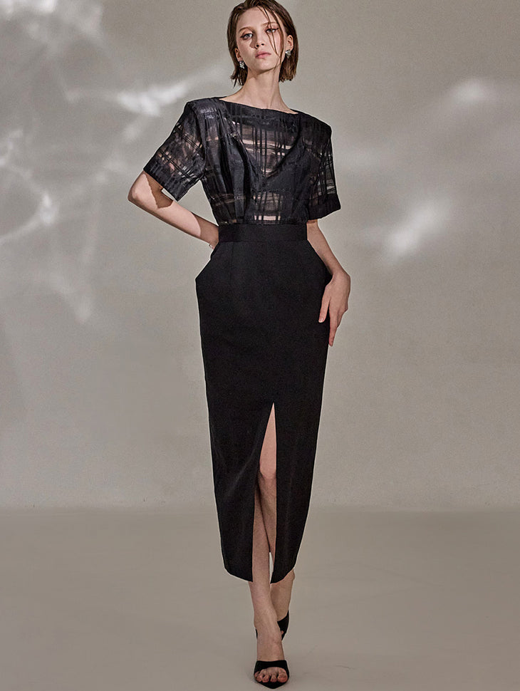 D9495 メッシュチェックスリムドレス