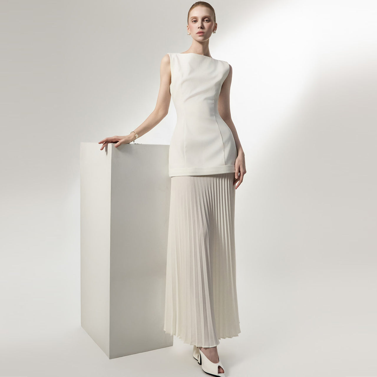 D9602 スリムプリーツコンボドレス