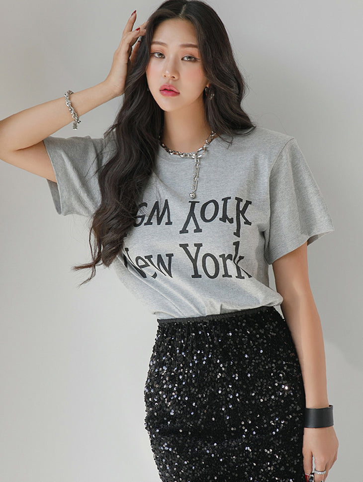 E2814 プリントショルダーパッドTシャツ