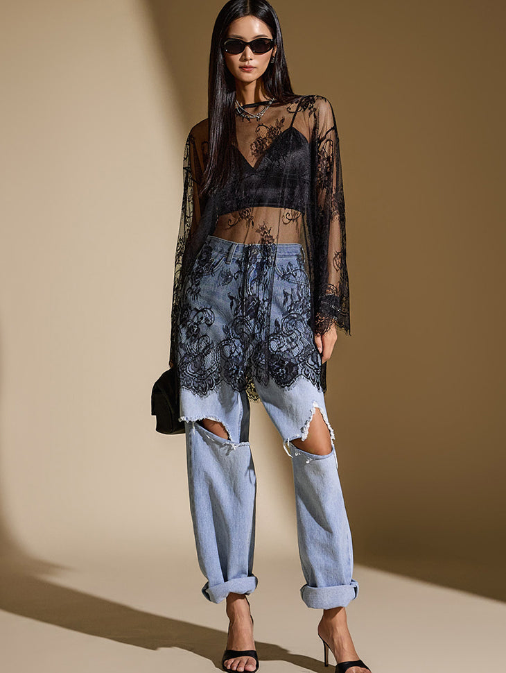 E3509 花朵透视上衣