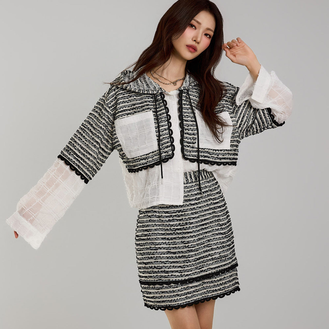 E3739 Tweed Hooded Top