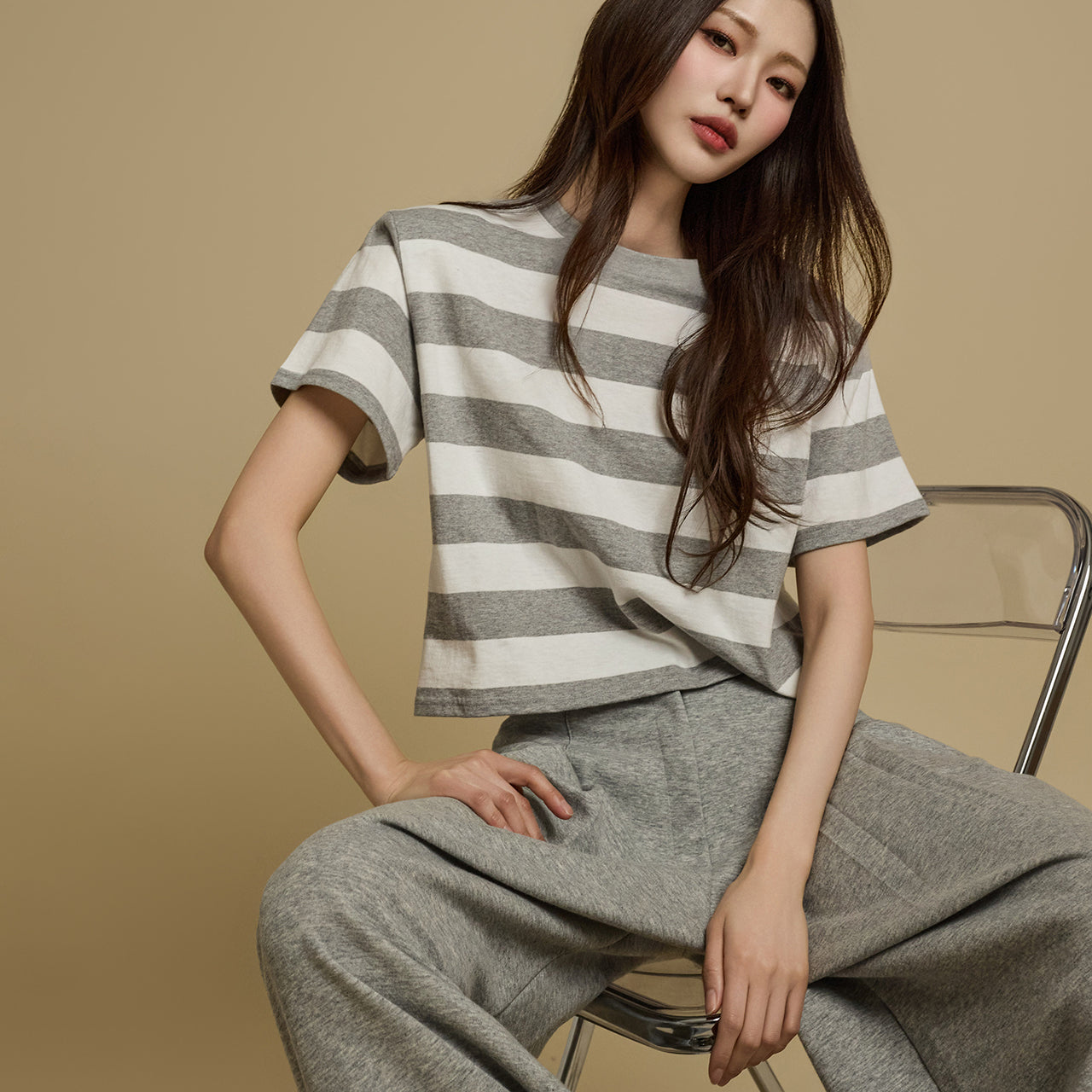 E3764 ストライプショルダーパッドTシャツ