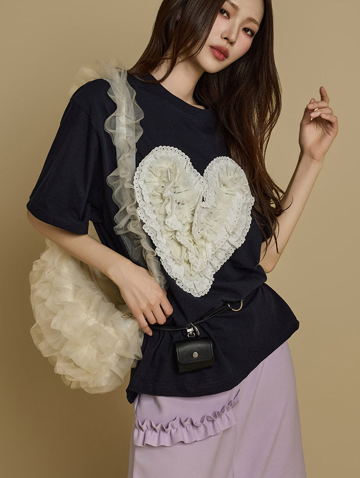 E3765 荷叶边心形贴片T恤