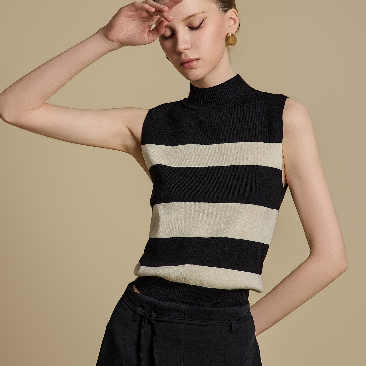 E3787 ストライプ ノースリーブ ニットトップ