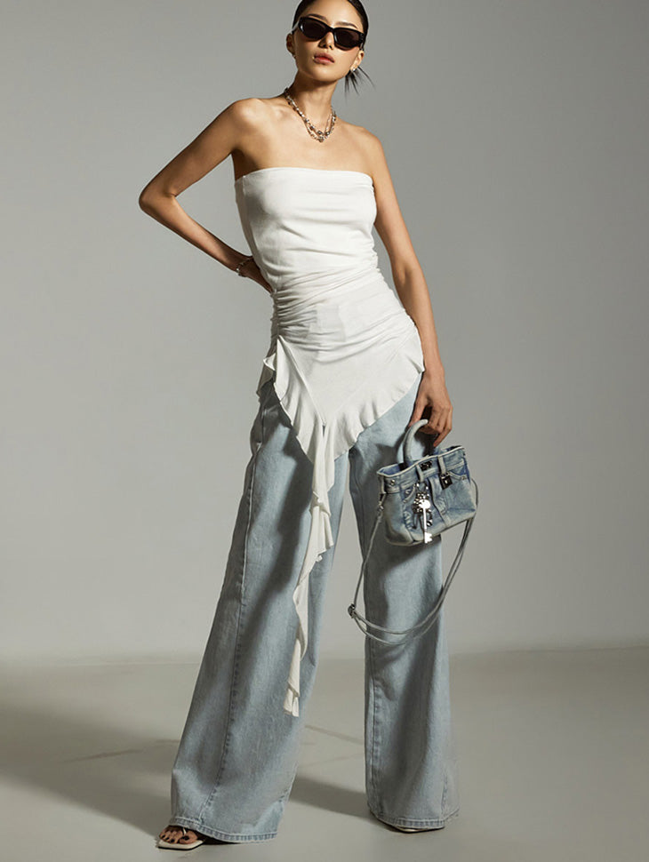 E3857 Asymmetric Frill Tube Top