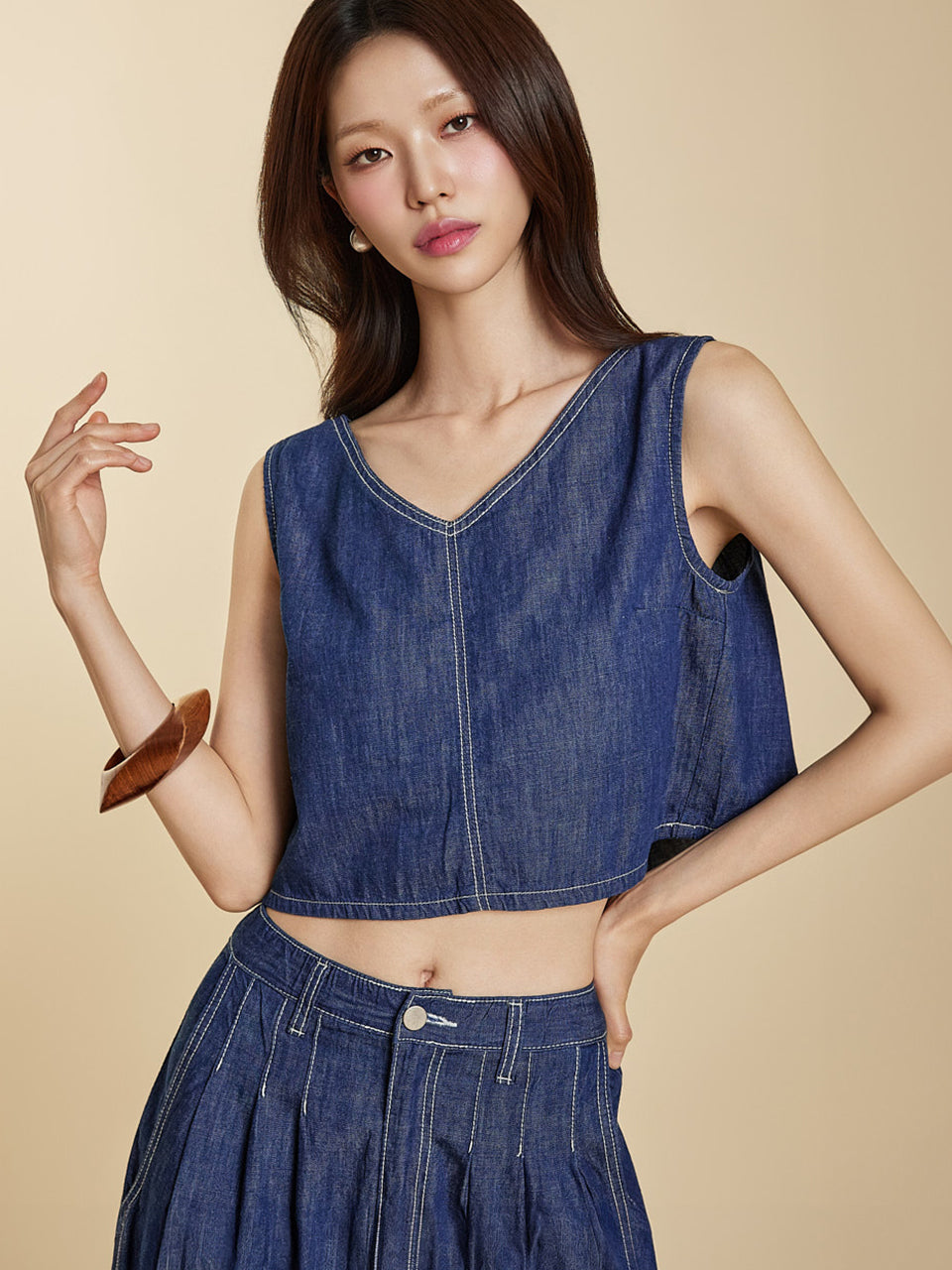 E3896 デニムVネックトップ