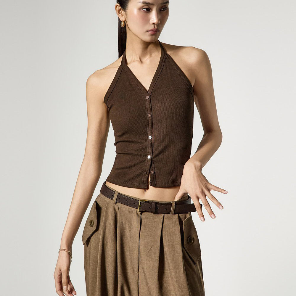 E4189 ホルターネックボタンノースリーブトップス