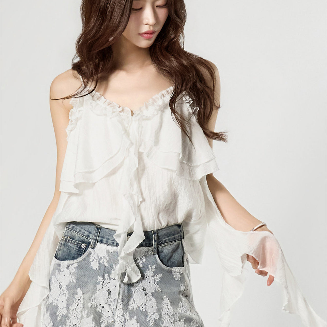 E4195 木耳边无袖上衣