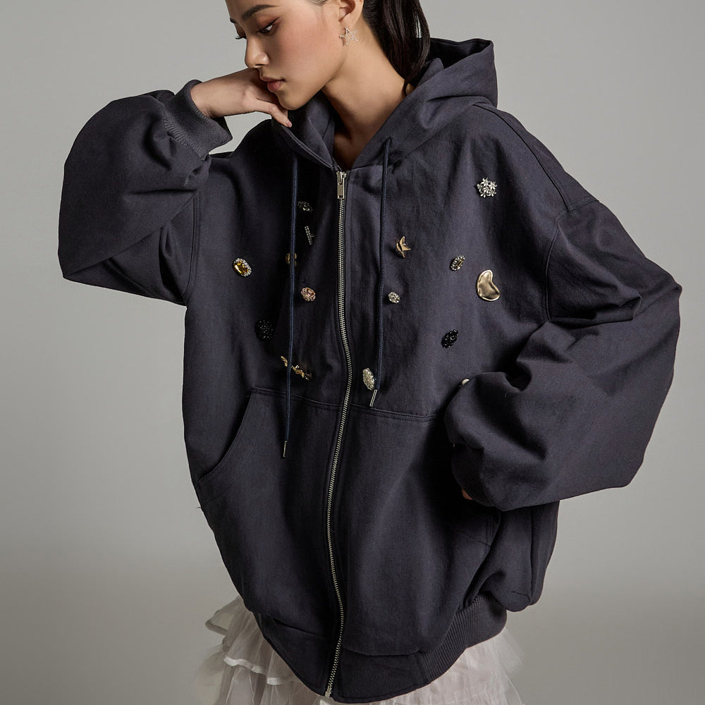 J2692 ビーズ フード付き ジップアップ ジャケット