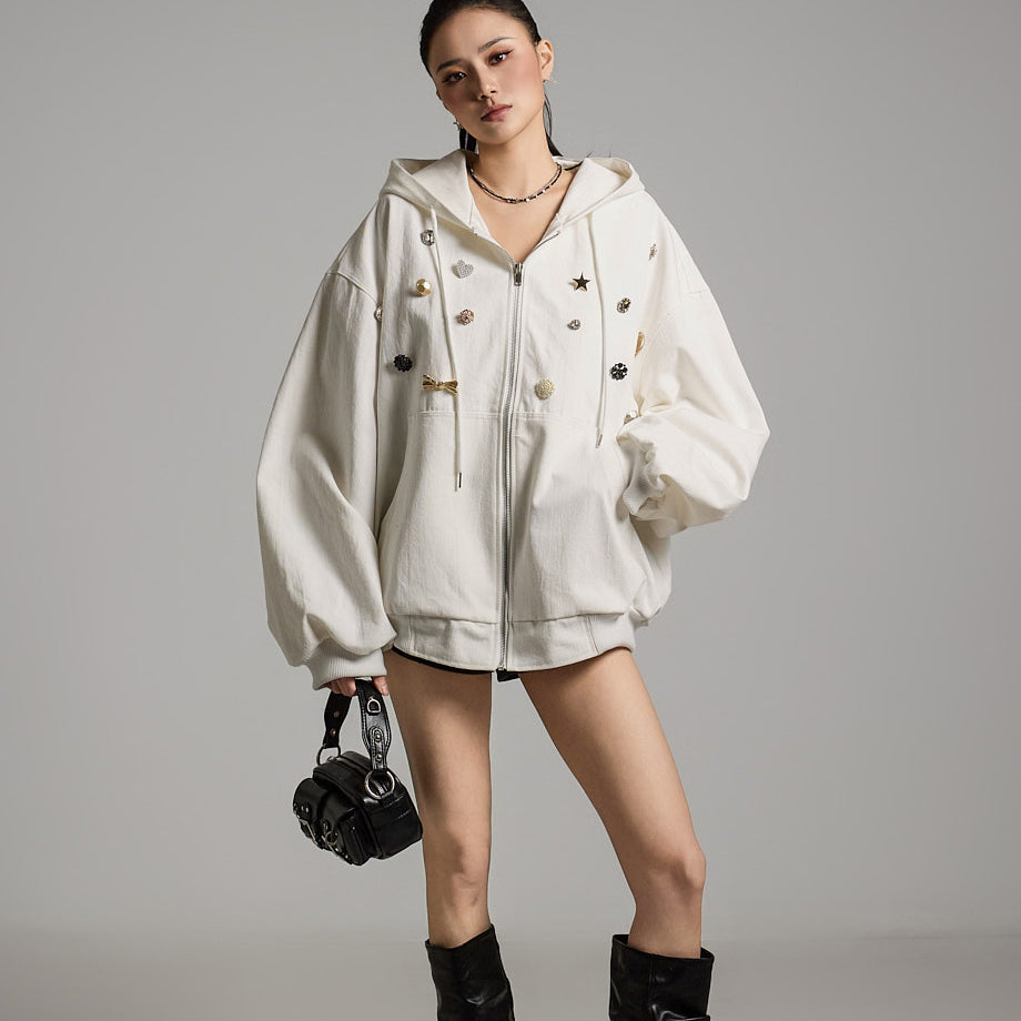 J2692 ビーズ フード付き ジップアップ ジャケット