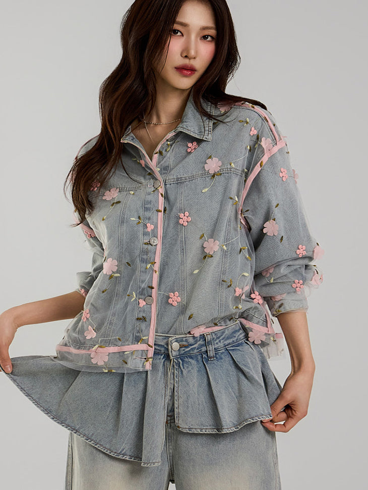 J2697 Flower-Patterned Denim Jacket