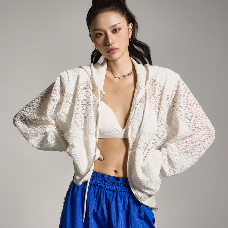 J2783 Lace Hooded Zip-Up Jacket