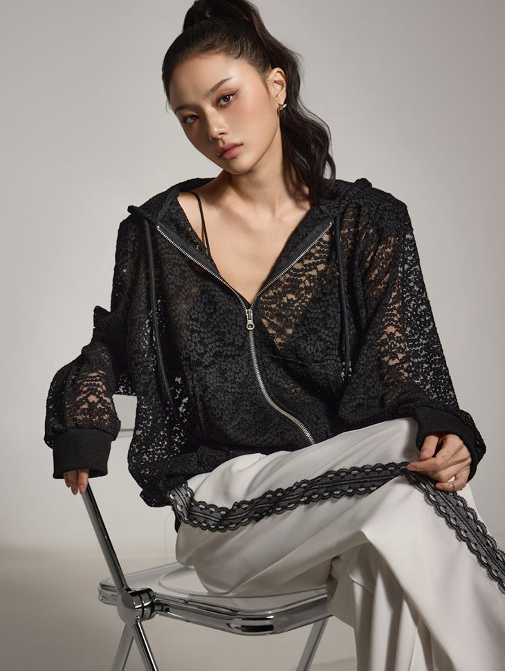 J2783 Lace Hooded Zip-Up Jacket