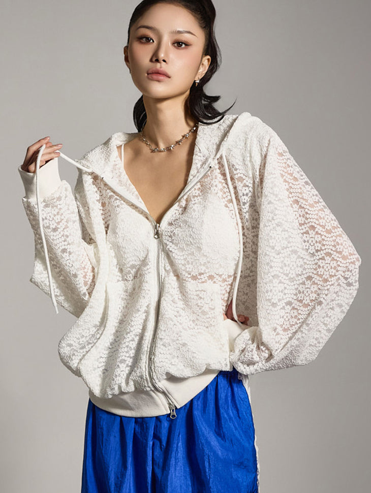 J2783 Lace Hooded Zip-Up Jacket