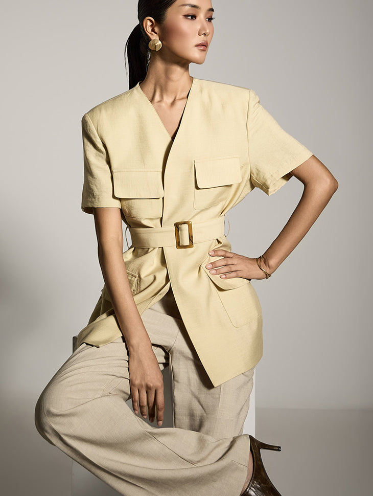 J2798 Collarless Jacket with Belt