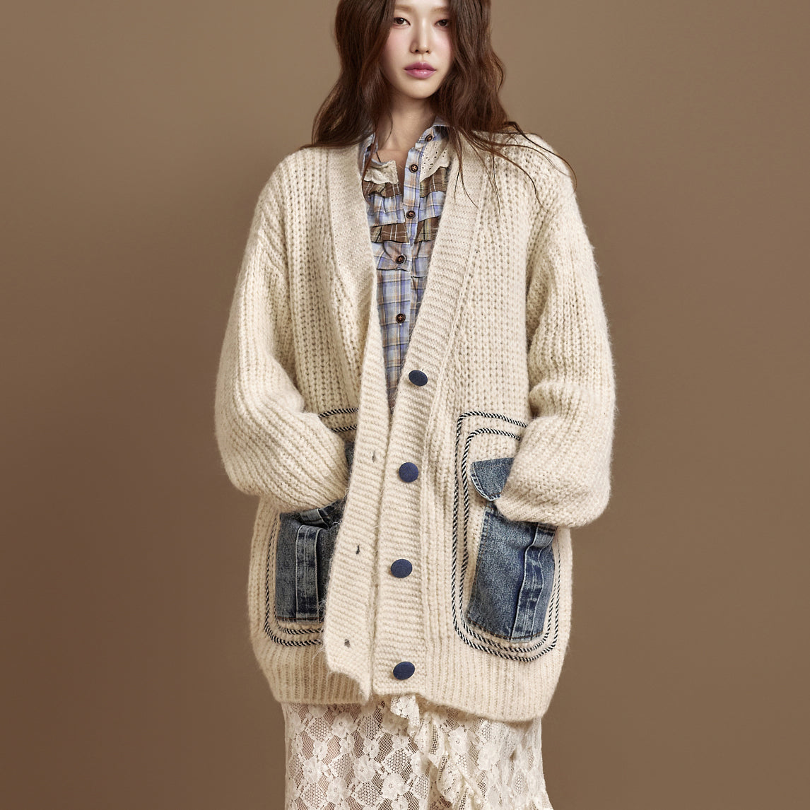 J2851 Denim Pocket Knit Cardigan