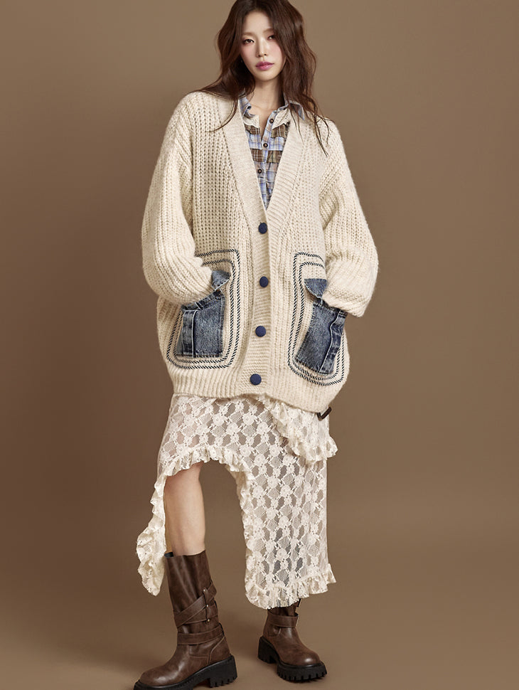 J2851 Denim Pocket Knit Cardigan