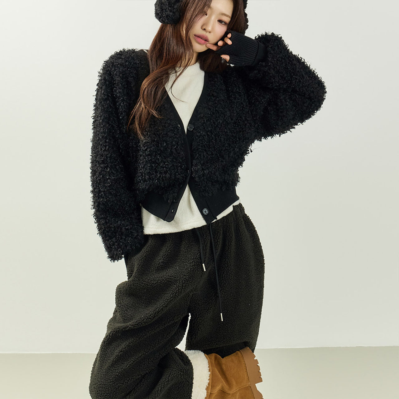 J3062 Boucle Fleece Crop Cardigan