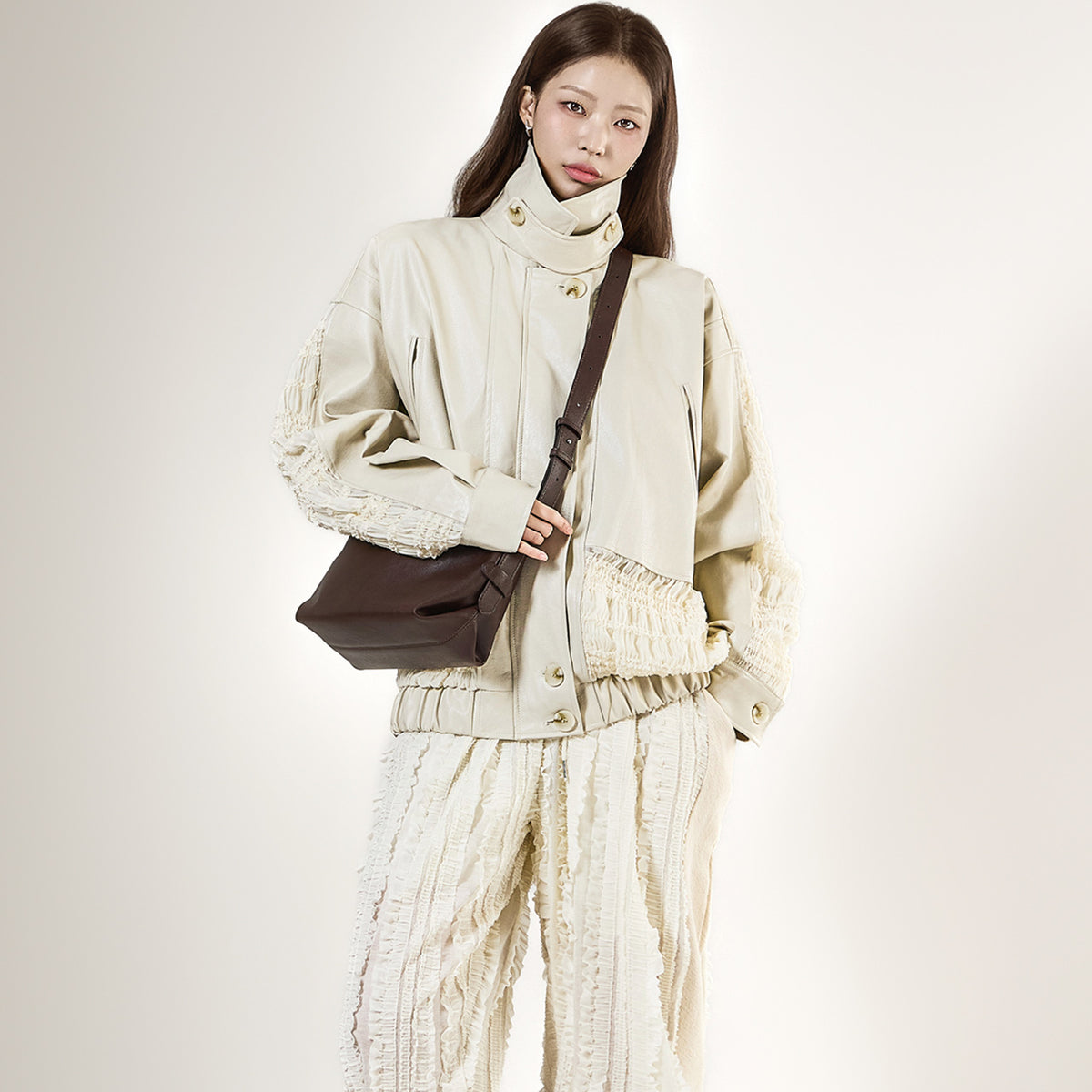 J3295 High-Neck Shirred Leather Jumper