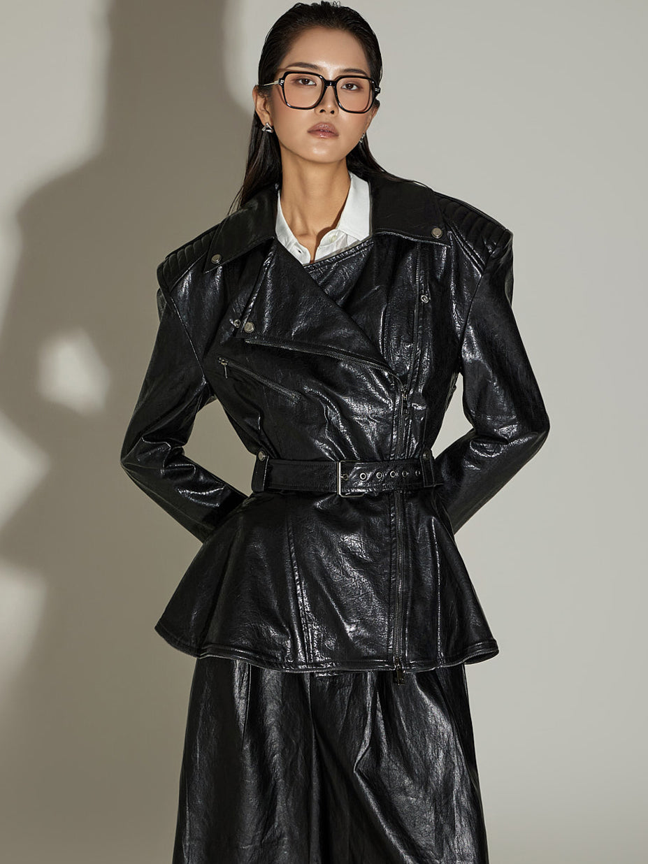 J9256 Crackled Leather Belted Jacket