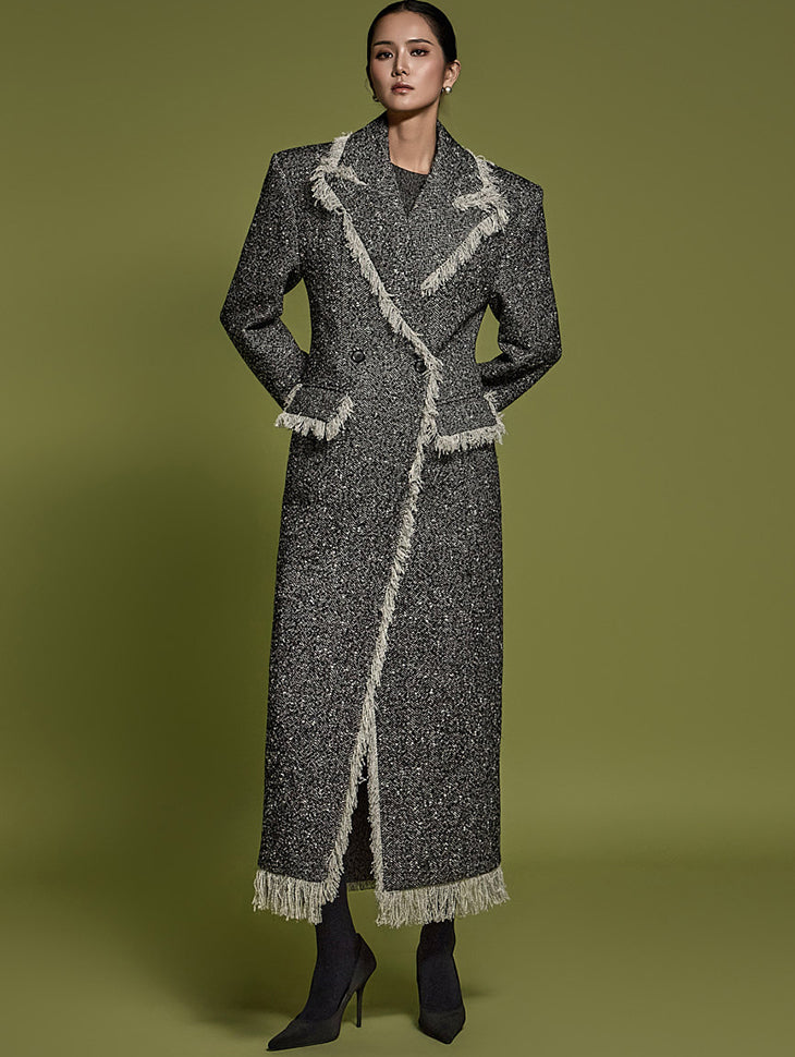 J9300 人字纹流苏大衣