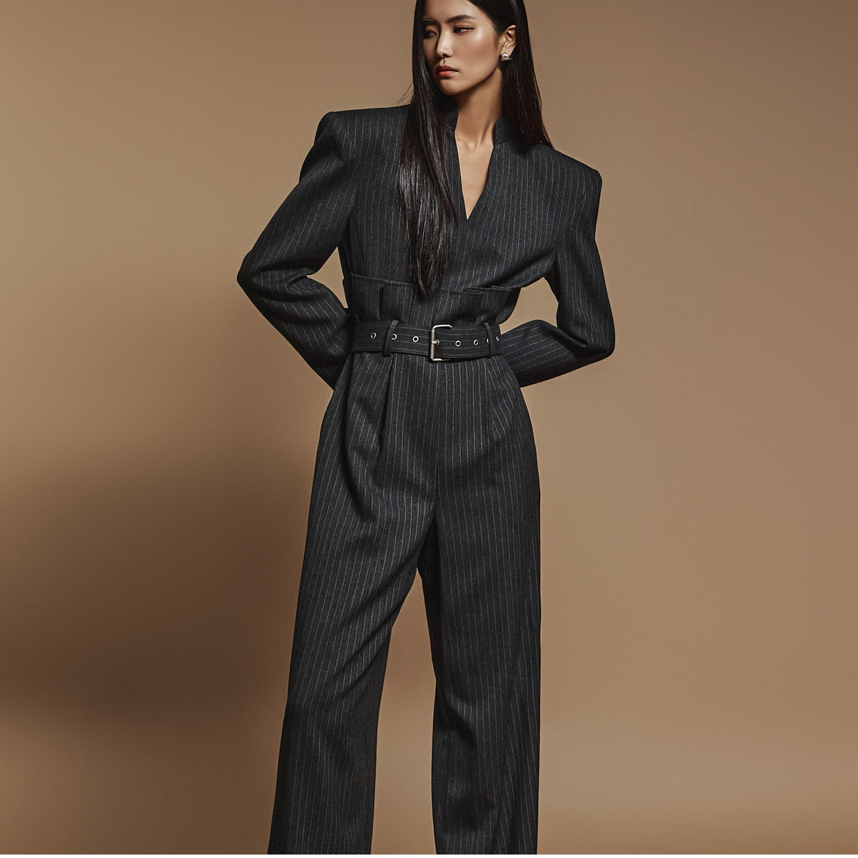 MBDJS004 ストライプワイドジャンプスーツ(ベルトセット)