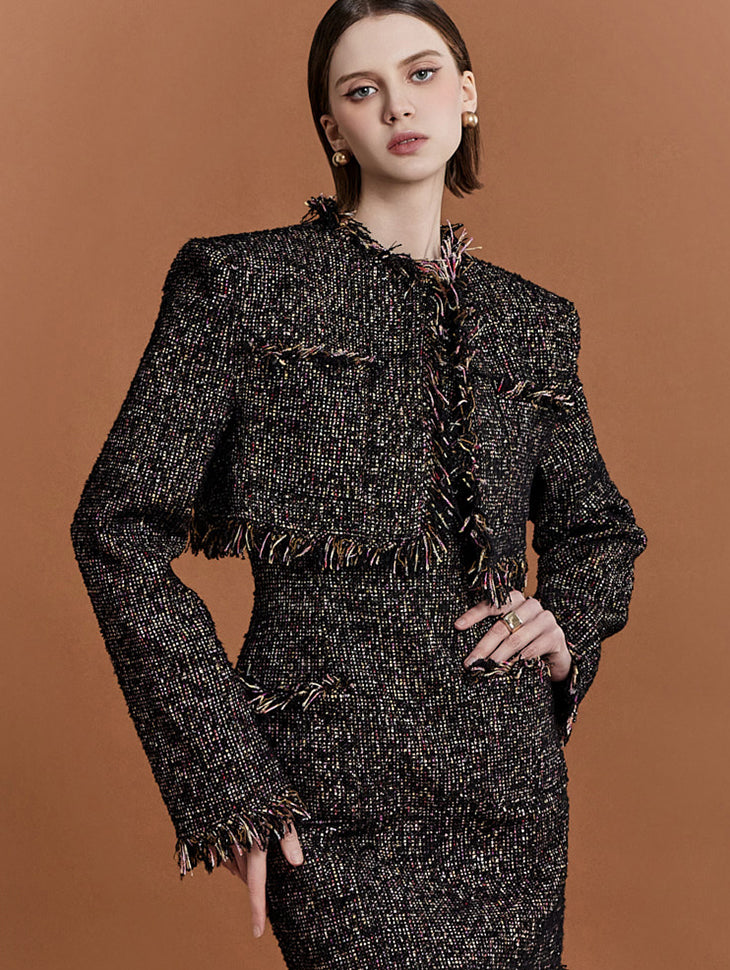 J9276 Tweed Fringe Crop Pad Single Jacket