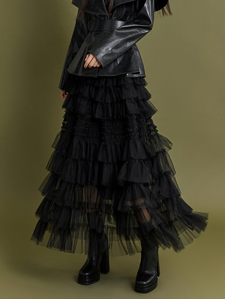 SK2637 薄纱分层弹力腰长裙