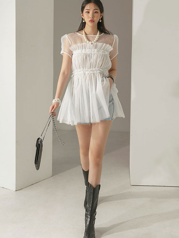 B2728 Ruffle Sheer Long Blouse