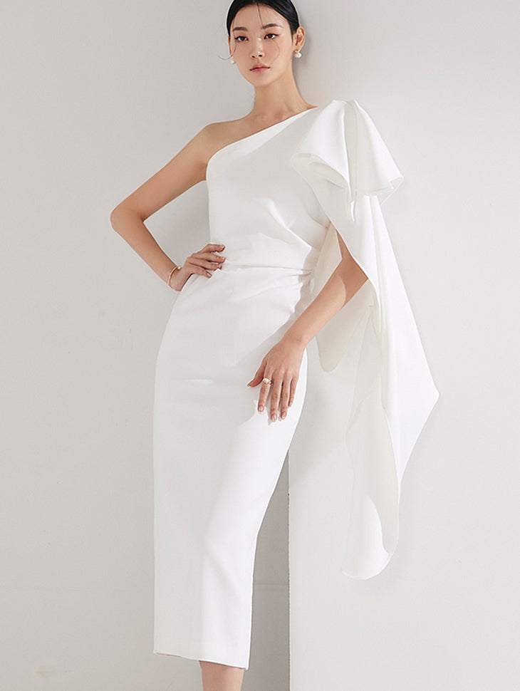 D9408 一肩抽褶垂坠中长连衣裙