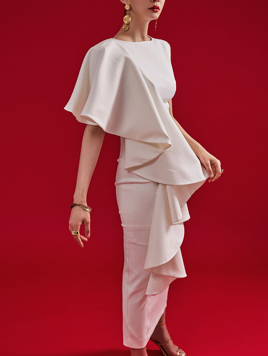 D9413 无袖一肩荷叶边中长连衣裙