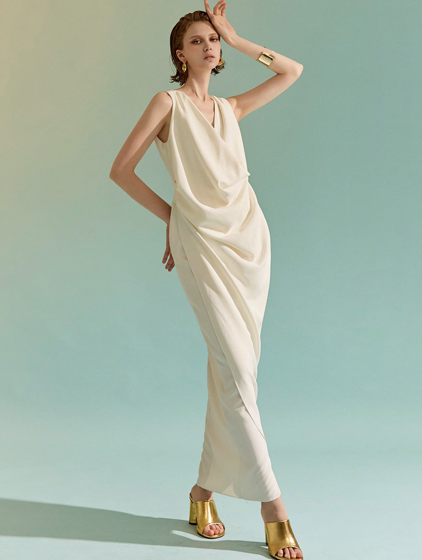 D9278 垂褶领垂坠无袖超长连衣裙